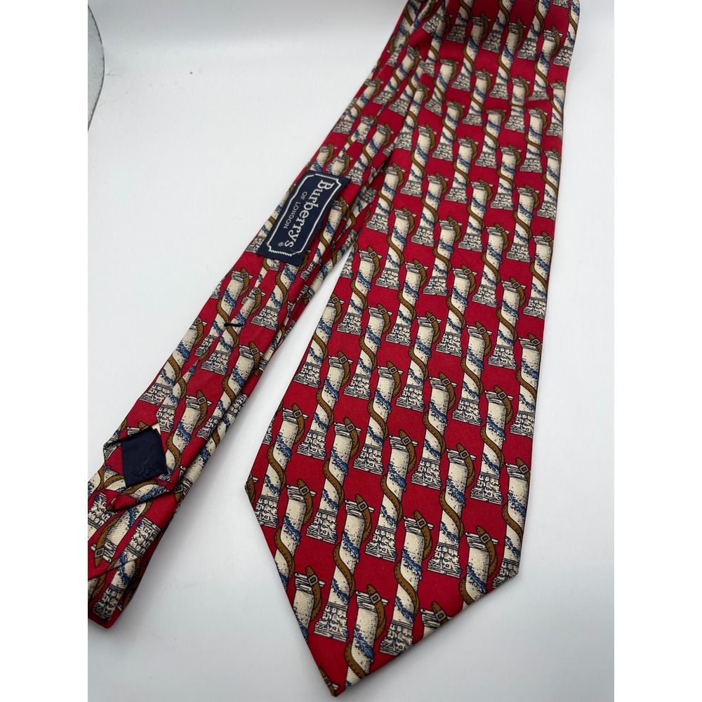 Burberrys of London Mens Red Silk Column Belt Print Tie Hand Sewn USA Vintage